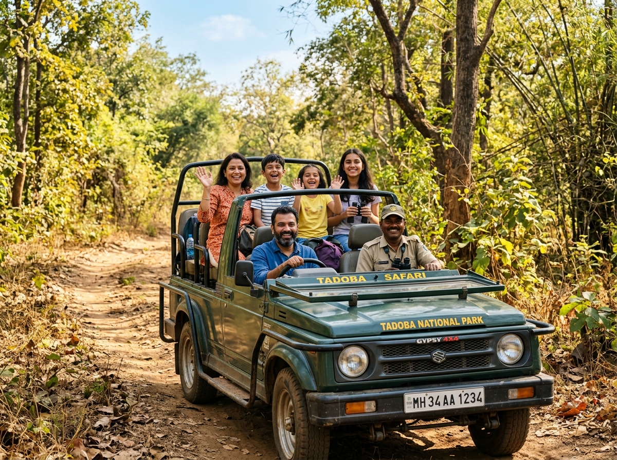 Happy tourists enjoying Tadoba Safari